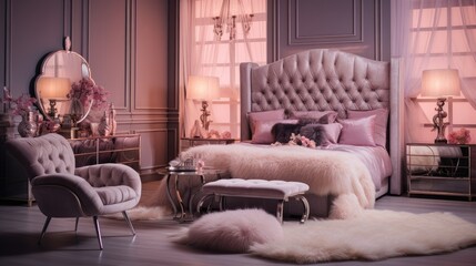 Fashion and Glamour: Step into a girl's bedroom boudoir, capturing the elegance of beauty, makeup, and hairstyling in a luxurious and fashionable setting