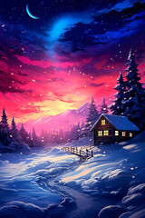 A cabin in the snow. Northern light. Generative AI