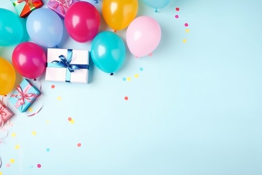 Birthday background with a balloons, gift boxes and a copy space. AI generative