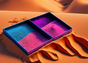 Magic pigment powder in a box in the desert