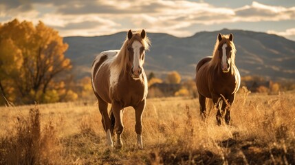 Equine Elegance: The grace and majesty of these brown young stallions in their autumn paddock evoke a sense of rural serenity and equestrian harmony