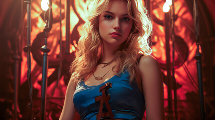 Young blonde woman sits surprised on demonic throne in hellish palace.