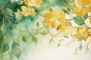 Abstract floral background in gold and green watercolor. Generative AI