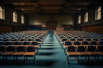 Naklejka premium An empty auditorium with rows of chairs