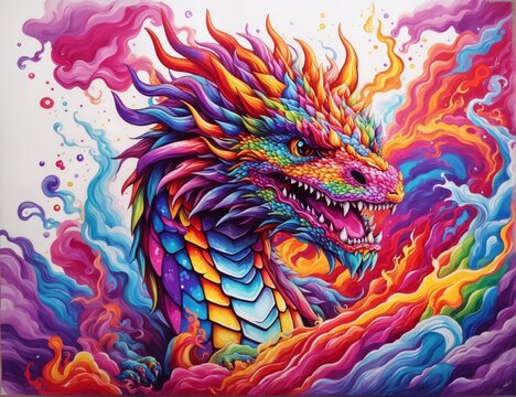 Rainbow chinese dragon on fire, ai generated