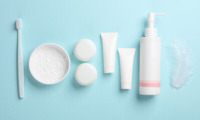 Set of beauty products on a blue background