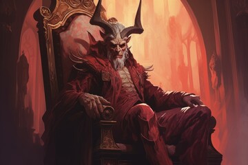 A menacing demon with horns seated in a chair - obrazy, fototapety, plakaty