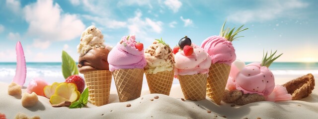 Banner with ice cream in a waffle cone on a summer day.