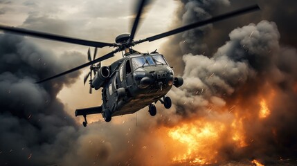 Fototapeta na wymiar Helicopter Assault: Step into the heart of a military operation as a chopper prepares for takeoff, shrouded in smoke, embarking on a high-altitude battle in the blue sky
