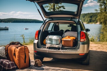 A vehicle with an open trunk loaded with luggage - obrazy, fototapety, plakaty