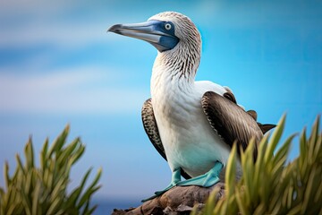 The rare blue-footed booby rests on the beach.