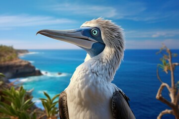 The rare blue-footed booby rests on the beach.