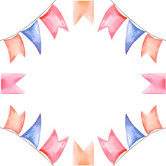 Obraz premium Watercolor frame with different vintage flags garlands, hand drawn illustration of blue, pink, orange flags isolated on white background.