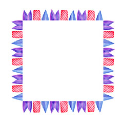 Watercolor square frame with different striped flags, hand drawn illustration of garland of blue, magenta, purple flags isolated on white background.