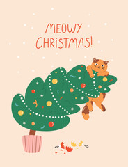 Christmas and New Year greeting card with cute cat climbing Christmas tree.