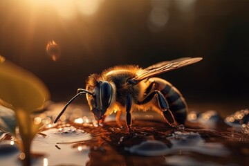 Macro shot of a bee drinking water from a puddle