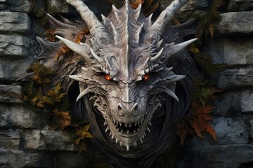 A detailed sculpture of a fierce dragon head mounted on a wall