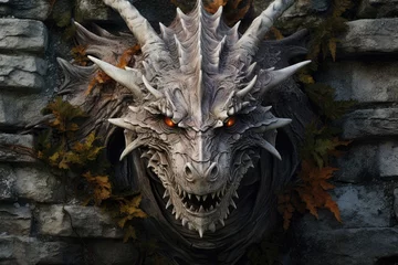 Poster A detailed sculpture of a fierce dragon head mounted on a wall © pham