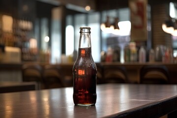 Fizzy soda glass bottle on bar counter, beverage symbol.