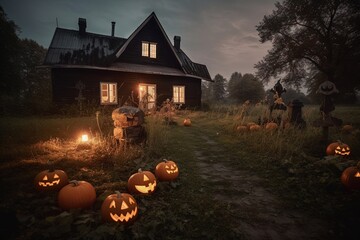 Spooky Halloween Night Scene with Jack-o-Lanterns and Scarecrows