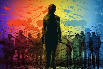 Dreamy woman silhouette on centre and people silhouettes on backside with black and green pattern on rainbow background - obrazy, fototapety, plakaty