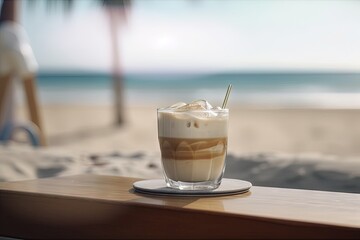 Iced coffee with straw on summer beach. Summer vacation.