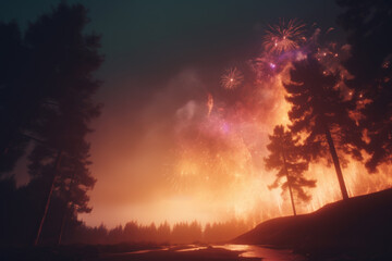 Fireworks over burning forest, trees in fire, environmental conscience concept 