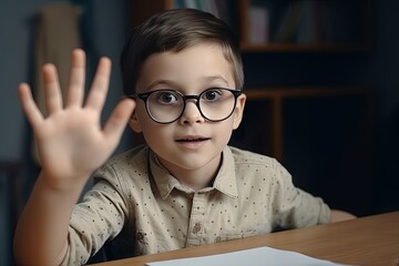 Child in glasses studying at desk