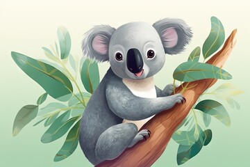 Art drawing illustration of cute koala on a tree branch