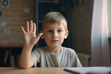 Pupil boy with hand raised at desk