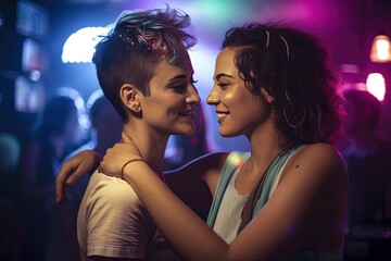 Two lesbian girl embrace in a neon bar, LGBTQ +