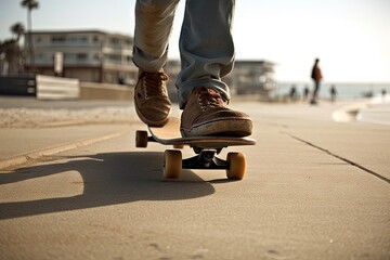 Skateboarder on a beach boardwalk, summer holidays, childhood, outdoor activities.
