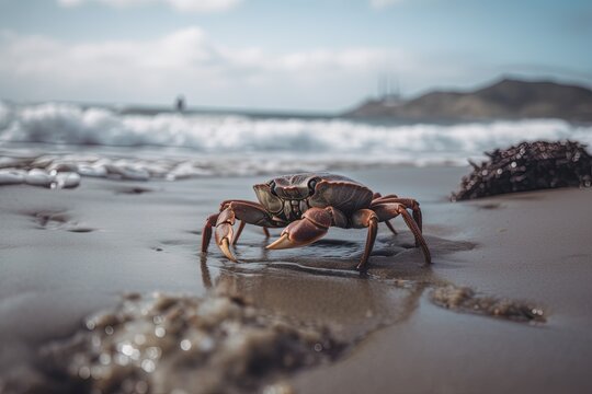 Close up illustration of small crab on a gloomy beach