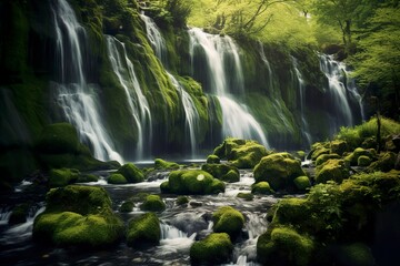 Waterfall landscape with rocks covered in green moss.
