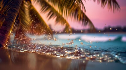 Beach with waves and coconut trees at sunset.