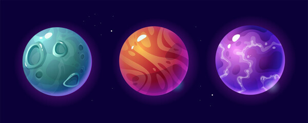 Fantasy set of planets. Vector cartoon cosmic objects. Moon and other space illustrations.