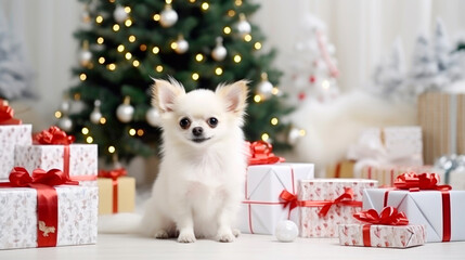 Fototapeta na wymiar Christmas puppy, puppy with christmas hat, presents and decorations. Ai generated