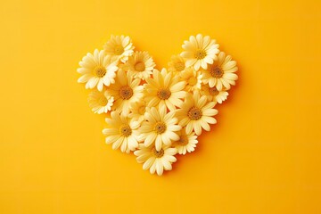 Yellow Heart Shaped By Yellow Daisies Over Yellow Background.