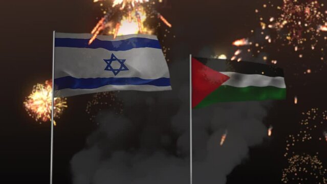 3d animated flags of Israel and Palestine with Explosions and dark smoke.