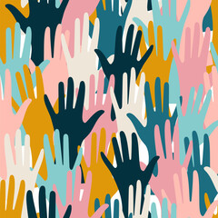 Hands of people of different nationalities form a seamless colored background for textiles. Vector. - obrazy, fototapety, plakaty