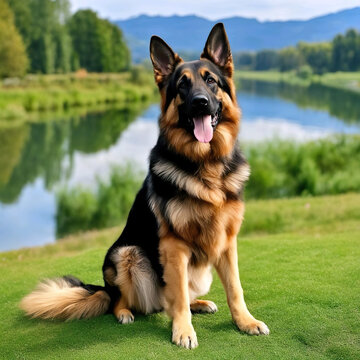 Perro pastor alemán sentado sobre la hierba junto a un lago y un paisaje con árboles y montañas de fondo 