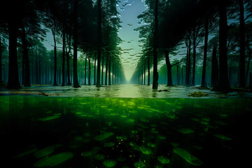 Obraz premium Surreal forest with floating trees and abstract river.