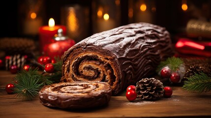 Chocolate yule log christmas cake on wooden background.