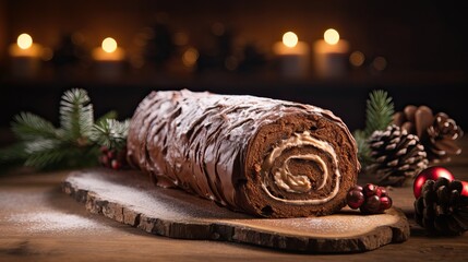 Chocolate yule log christmas cake on wooden background. - obrazy, fototapety, plakaty