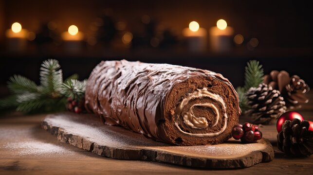 Chocolate yule log christmas cake on wooden background.