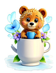 A cute bear baby in mug, flowers around, watercolor style 