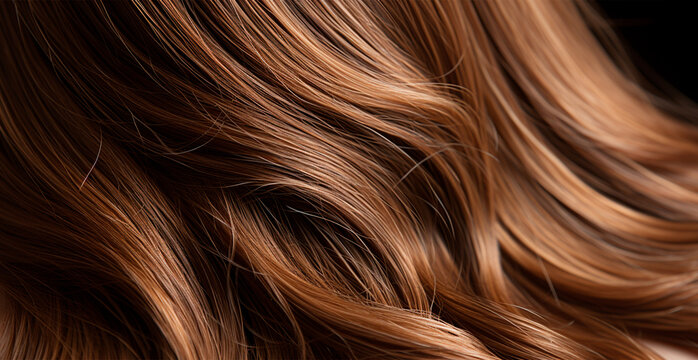 Brunette hair close-up as background. Women's long natural dark hair. Girl with wavy shiny curls - AI generated image