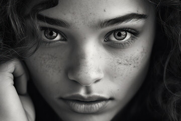 Close up portrait of teenage girl with bright eyes and freckles, natural beauty