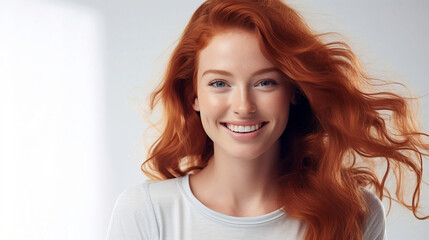 Women faces. A happy woman with red hair in a white T-shirt on a light background. Banner advertising is an empty place. Smile white teeth.Ai 