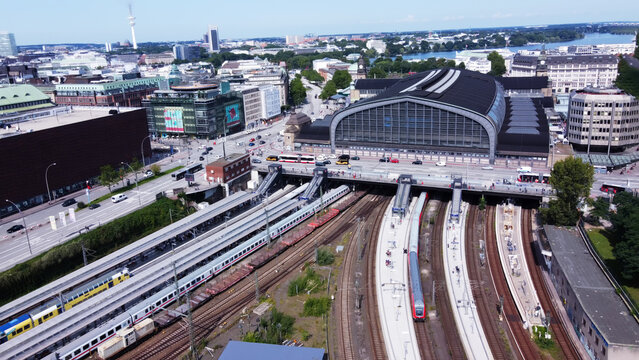 Panorama of Main Train Station (HBF) in Hamburg and  Benninalster  lake behind
